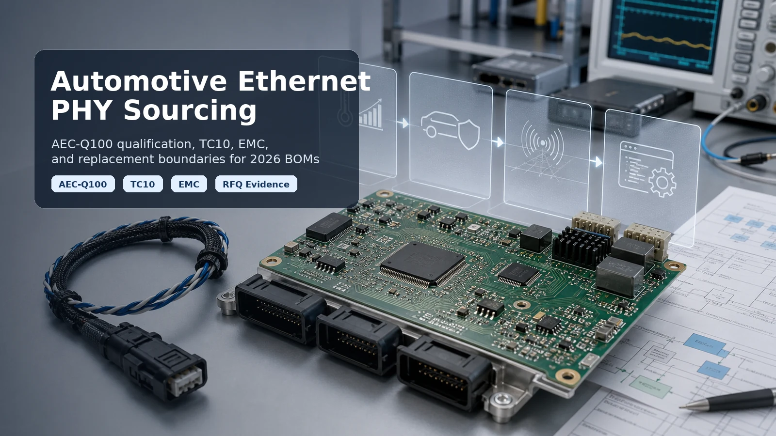 Automotive Ethernet PHY sourcing checklist with qualification gates for AEC-Q100, TC10, EMC, software, and supplier evidence | TrustCompo