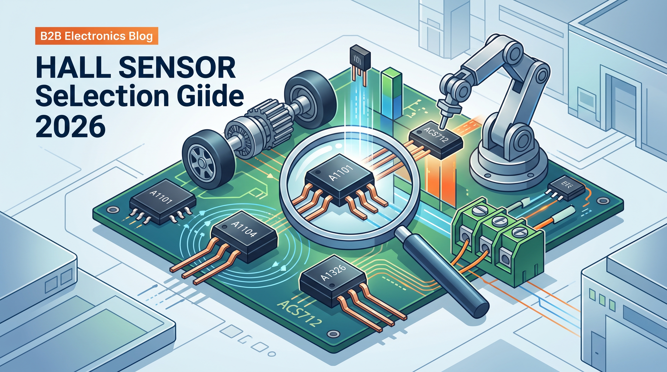 Hall sensor selection guide 2026 buyer procurement editorial cover referencing A1101, A1104, A1326 | TrustCompo