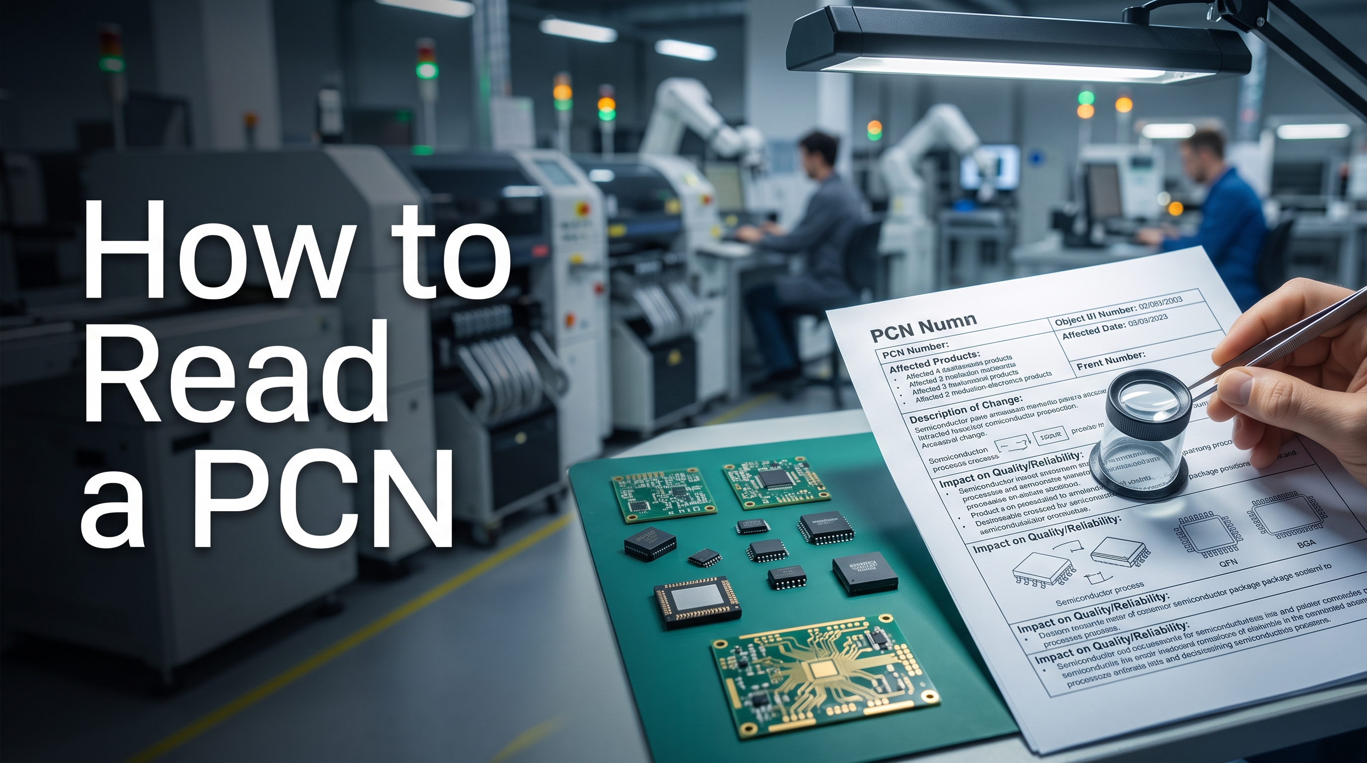 AI-generated editorial cover with the title fragment 'How to Read a PCN', a PCN review sheet, semiconductor packages, and production-line context | TrustCompo