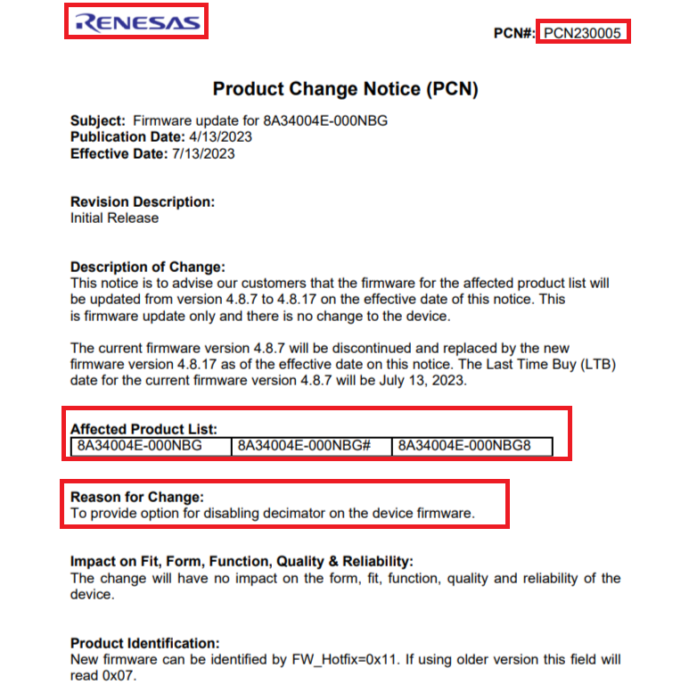 Renesas firmware update PCN overview for 8A34004E-000NBG | TrustCompo