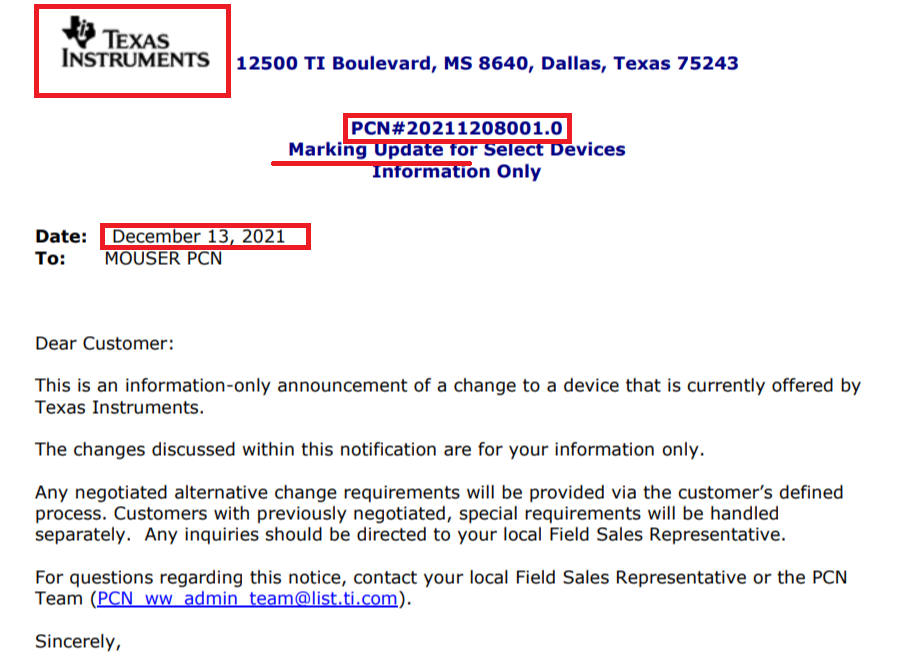 Texas Instruments PCN overview page for marking standardization | TrustCompo