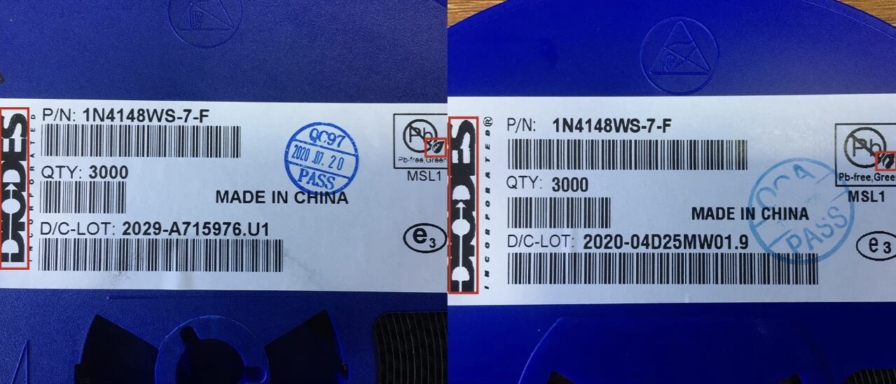 Reel-label comparison between genuine and counterfeit IN4148WS-7-F packaging | TrustCompo