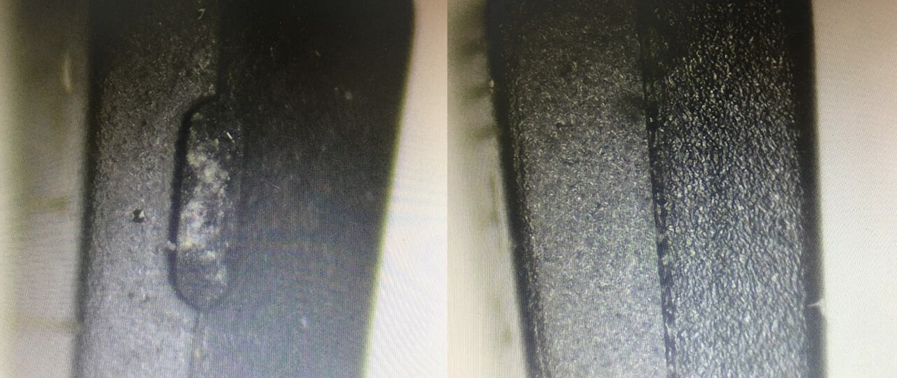 Side-profile texture comparison of genuine and counterfeit IN4148WS-7-F package bodies | TrustCompo