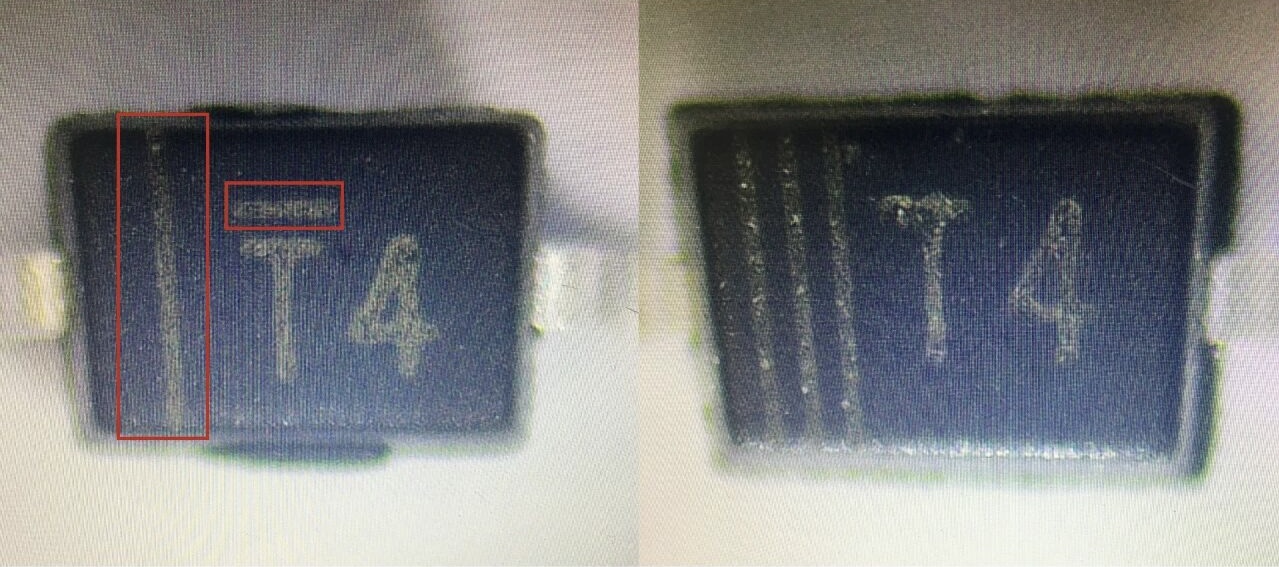 Top-mark comparison between genuine and counterfeit IN4148WS-7-F parts | TrustCompo