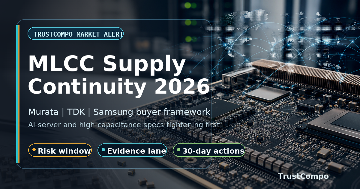 Editorial cover showing AI-server power electronics and MLCC supply-continuity pressure | TrustCompo