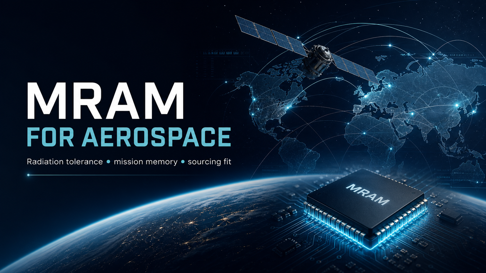Editorial cover for an MRAM aerospace applications guide with orbit map and mission memory labels | TrustCompo
