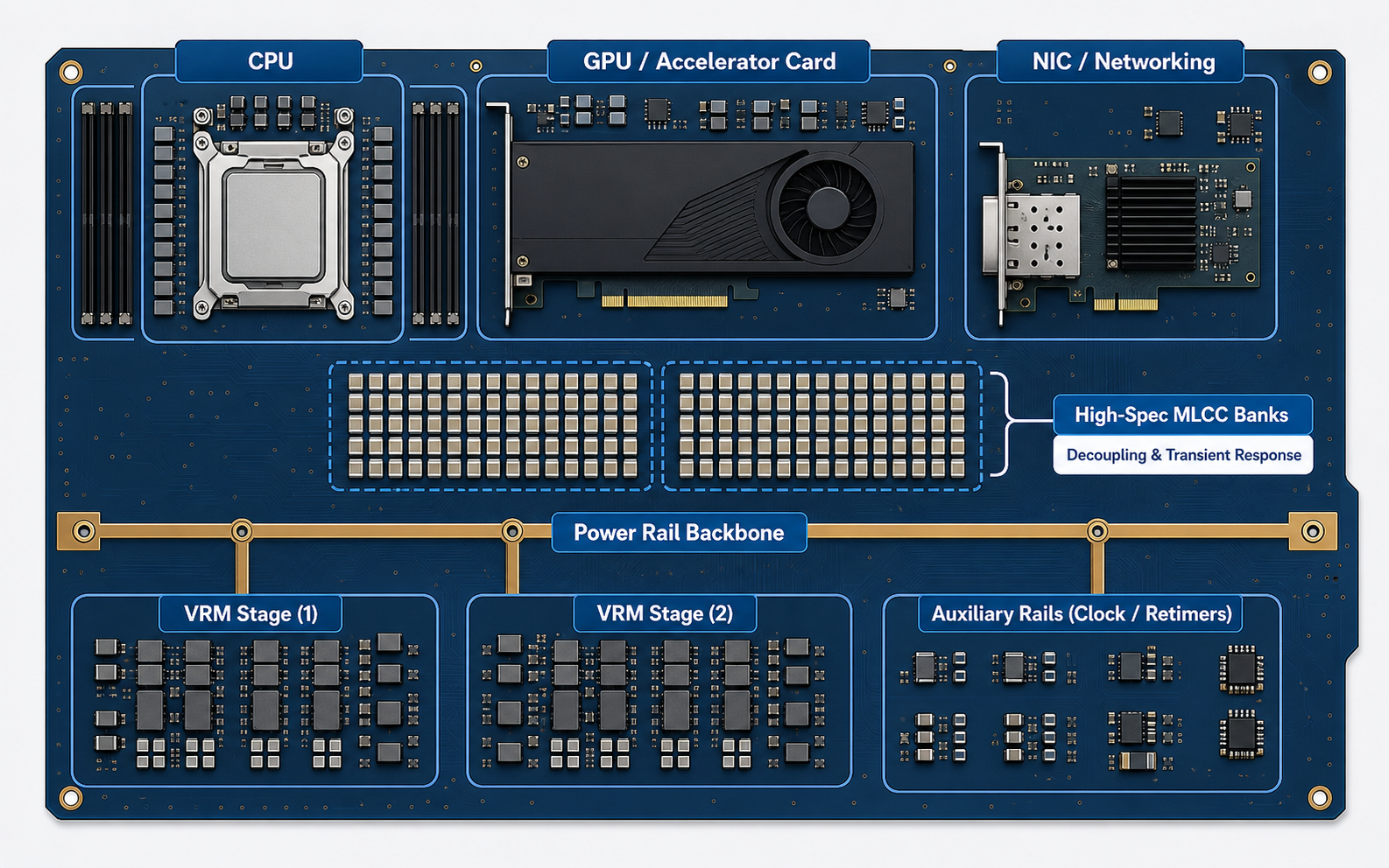 Simplified AI server board map with CPU, GPU, VRM, and MLCC placements | TrustCompo