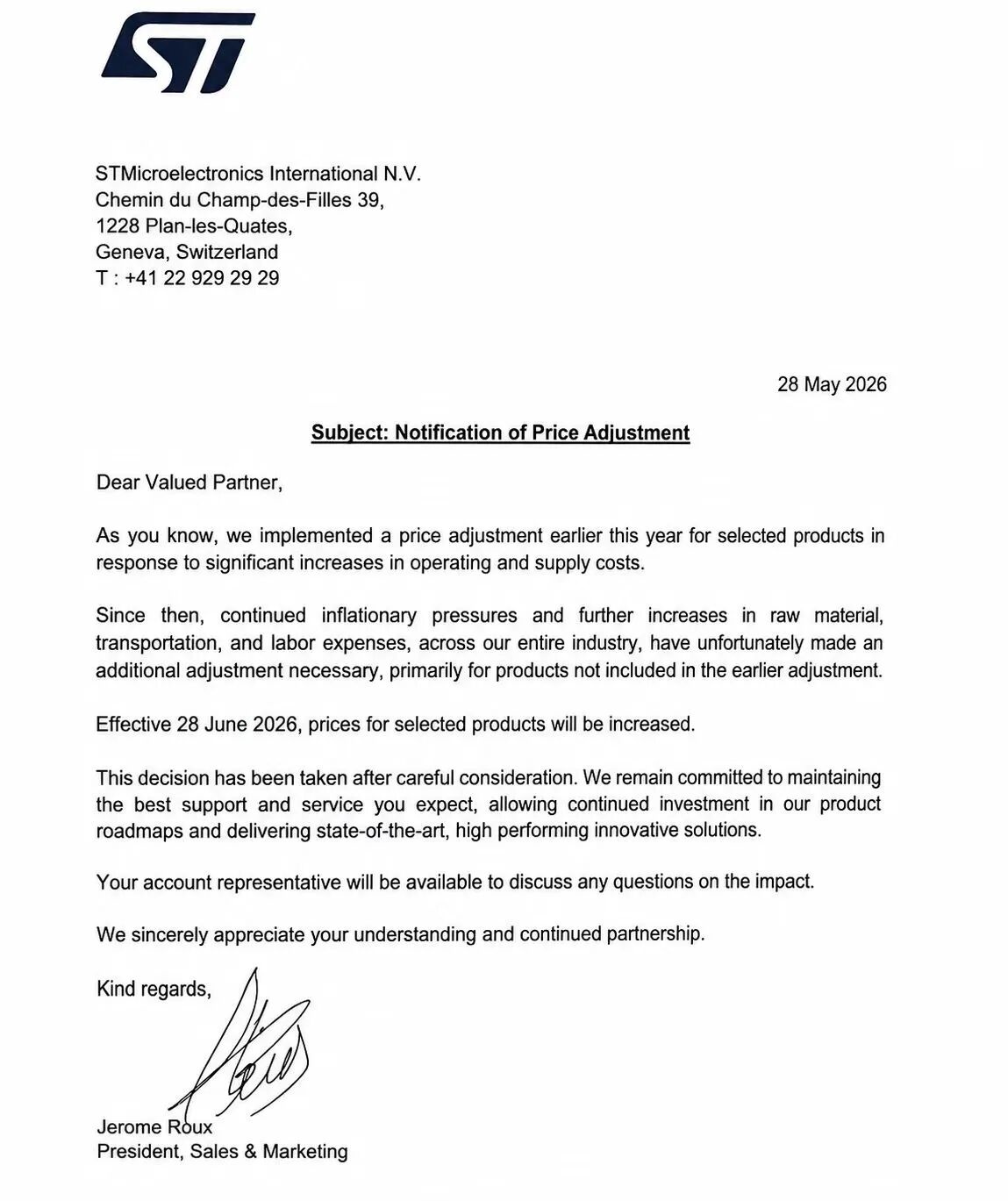 Official STMicroelectronics price adjustment notification signed by Jerome Roux and dated May 28, 2026 | TrustCompo