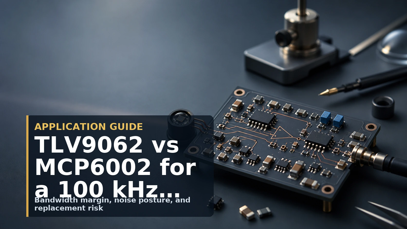 Editorial cover for a datasheet-first comparison of TLV9062 and MCP6002 in a 100 kilohertz transimpedance amplifier design | TrustCompo