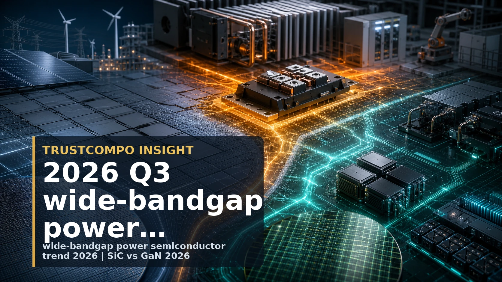 Editorial wide-bandgap semiconductor cover showing SiC, GaN, and silicon power-stage tension in an industrial setting | TrustCompo