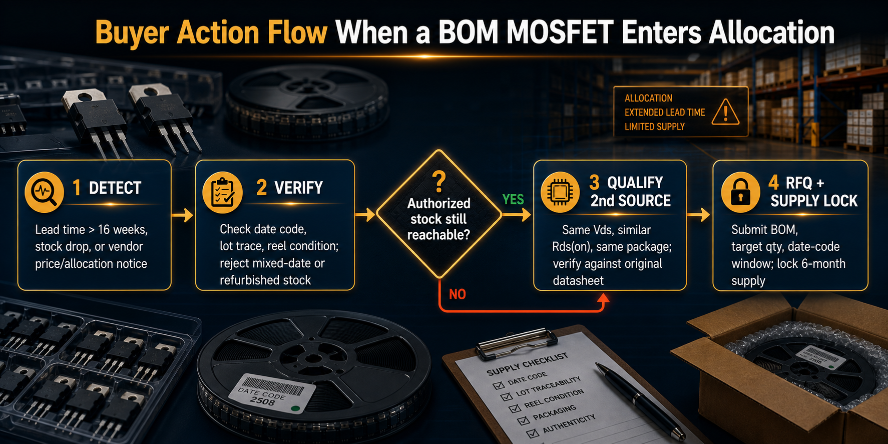 Four-step flowchart: 1 Detect (lead time over 16 weeks or distributor stock drop), 2 Verify (date code, lot trace, reel condition), decision diamond (authorized stock still reachable), 3 Qualify second source (same Vds, similar Rds(on), same package), 4 RFQ and supply lock (submit BOM, sign 6-month agreement). | TrustCompo