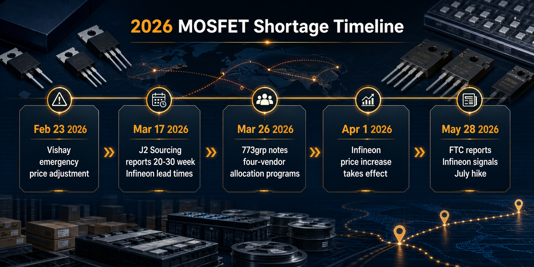 Horizontal timeline showing five 2026 trigger points: Vishay emergency price adjustment on Feb 23, J2 Sourcing 20-30 week Infineon lead time report on Mar 17, 773grp four-vendor allocation note on Mar 26, Infineon Apr 1 price increase on Apr 1, FTC May 28 report of Infineon signaling July 2026 next hike. | TrustCompo