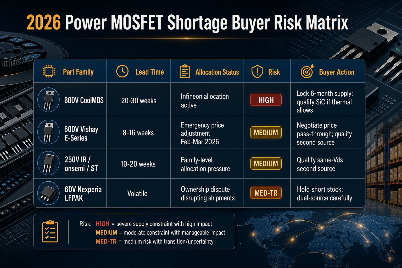 Comparison matrix of the four most-exposed 2026 power MOSFET part families by lead time, allocation status, evidence source, risk grade, and recommended buyer action. | TrustCompo